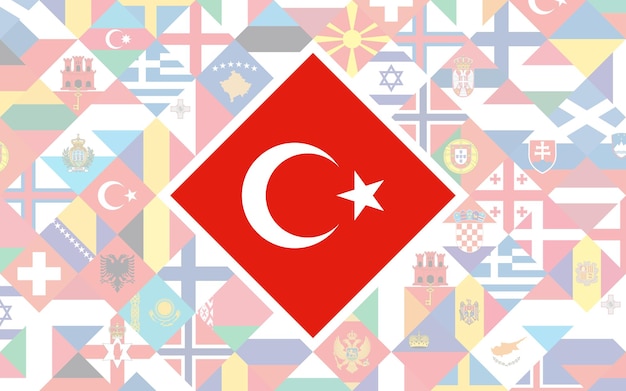 Vector fondo de bandera de países europeos con gran bandera de turquía en el centro de competición de fútbol.