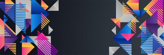 Fondo de banner ancho abstracto geométrico colorido bauhaus Memphis. Plantilla de fondo de patrón de banner de diseño gráfico abstracto de vector.