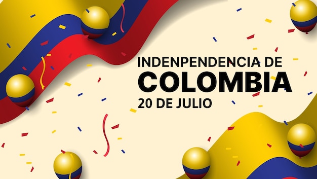 Fondo de banner del día de la independencia de colombia con globos de bandera y confeti