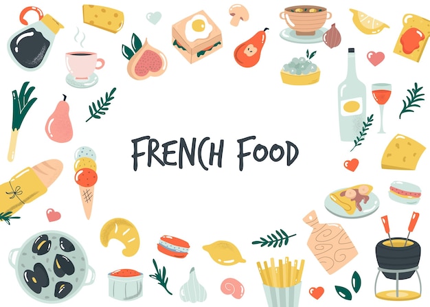 Fondo de banner dibujado a mano con comida francesa deliciosa ilustración vectorial