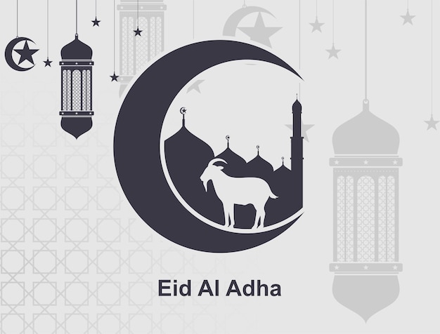 Fondo de banner de eid aladha con mezquita de luna de linterna y decoraciones de cabra