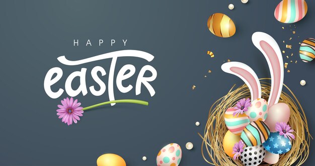Fondo de banner de feliz pascua. Huevos de Pascua de colores tradicionales con diferentes adornos.