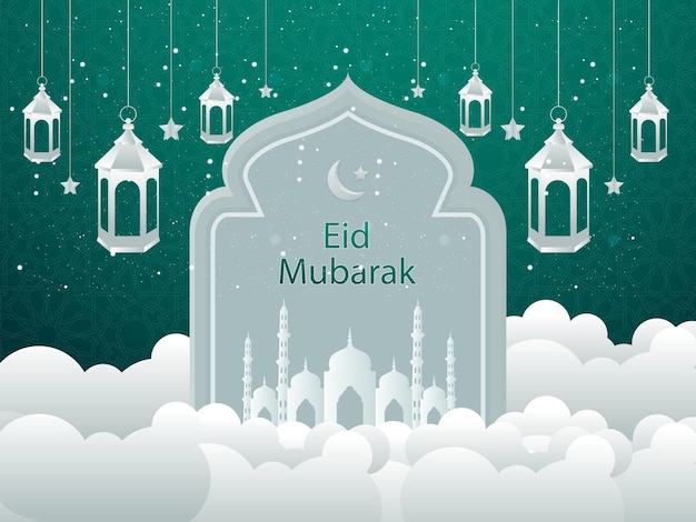 Fondo de banner del festival islámico tradicional de Eid Mubarak con mihrab de mezquita e ilustración de nubes