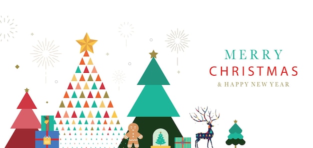 Fondo de banner geométrico de Navidad con árbol de Navidad reno Ilustración vectorial editable para tarjeta postal tamaño horizontal
