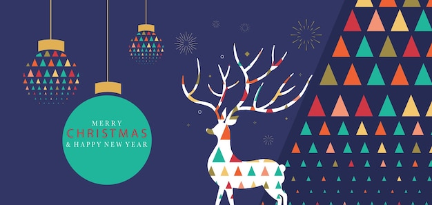 Fondo de banner geométrico de Navidad con árbol de Navidad reno Ilustración vectorial editable para tarjeta postal tamaño horizontal