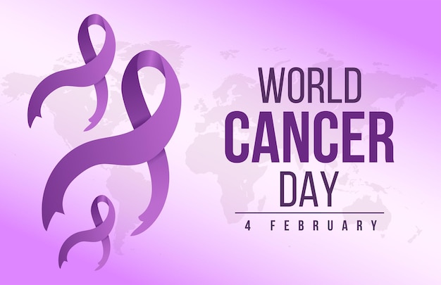 Fondo de banner horizontal del día mundial del cáncer degradado con mapa mundial y cinta