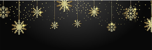 Fondo de banner de navidad oro negro con nieve