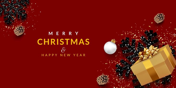 Fondo de banner navideño con caja de regalos realista y copo de nieve negro