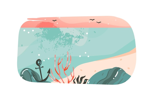 Fondo de banner de plantilla de arte de ilustraciones gráficas de Ummer time con paisaje de playa oceánica