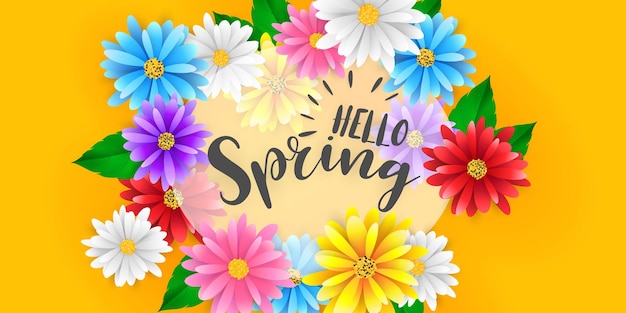 Fondo de banner de primavera vectorial con texto de primavera y elementos de flor de corte de papel de colores ilustración vectorial