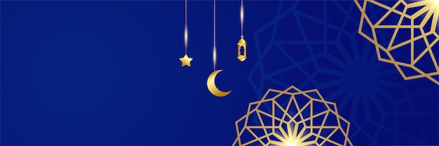 Fondo de banner de Ramadán Kareem islámico. Linterna de oro, patrón de mandala, mezquita, luna y fondo de elementos islámicos de lujo abstracto