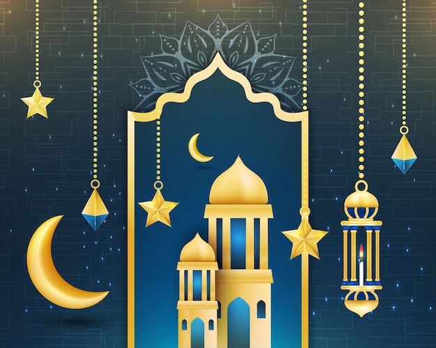 Fondo de banner de Ramadán Kareem islámico moderno con linterna de mezquita de estrella de luna de patrón creciente