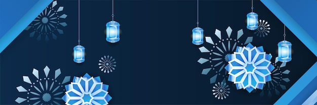 Fondo de banner de ramadán kareem islámico con patrón de media luna linterna de mezquita de estrella de luna ilustración vectorial fondo de diseño de banner ancho colorido azul de ramadán