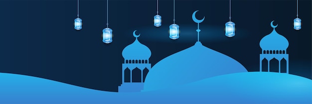 Fondo de banner de ramadán kareem islámico con patrón de media luna linterna de mezquita de estrella de luna Ilustración vectorial Fondo de diseño de banner ancho colorido azul de Ramadán