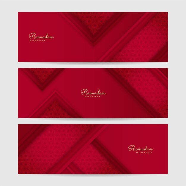 Fondo de banner de Ramadán Kareem con linterna de patrón islámico de luna Luna de oro y fondo de elementos islámicos de lujo abstracto rojo