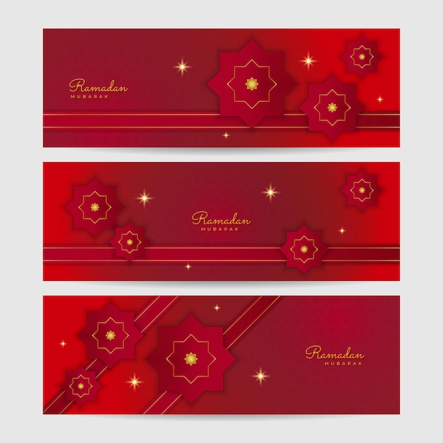 Fondo de banner de Ramadán Kareem con linterna de patrón islámico de luna Luna de oro y fondo de elementos islámicos de lujo abstracto rojo