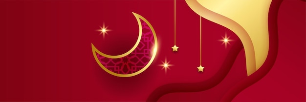 Fondo de banner de ramadán kareem con linterna de patrón islámico de luna luna de oro y fondo de elementos islámicos de lujo abstracto rojo