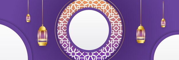 Fondo de banner de Ramadán Kareem con linterna de patrón islámico de luna Luna de oro y fondo de elementos islámicos de lujo abstracto