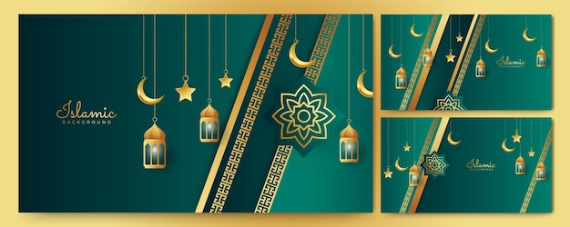 Fondo de banner de ramadán kareem universal con mezquita de patrón islámico de luna de linterna y elementos islámicos de lujo abstractos