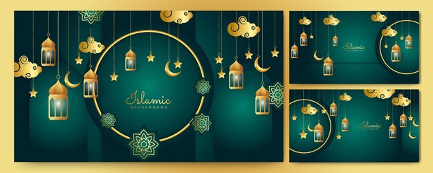 Fondo de banner de ramadán kareem universal con mezquita de patrón islámico de luna de linterna y elementos islámicos de lujo abstractos
