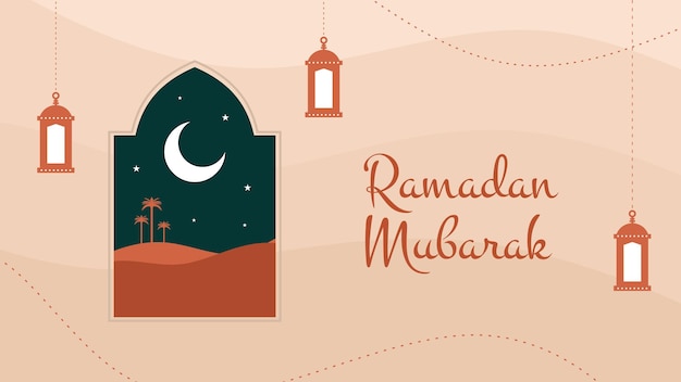 Fondo de banner de ramadan mubarak con gran ventana y linternas