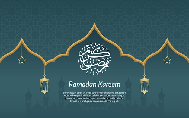 Fondo de banner de saludo de Ramadán Kareem con linterna de caligrafía y patrón árabe