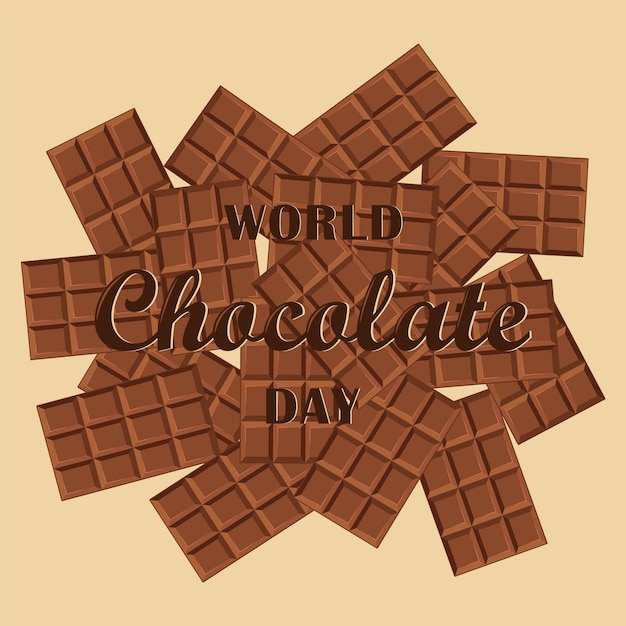 Fondo de banner de tarjeta del día mundial del chocolate 7 de julio con dulces barras de chocolate dulces y letras