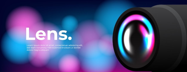 fondo de banner de tecnología de lentes con ilustración vectorial de luz de neón bokeh