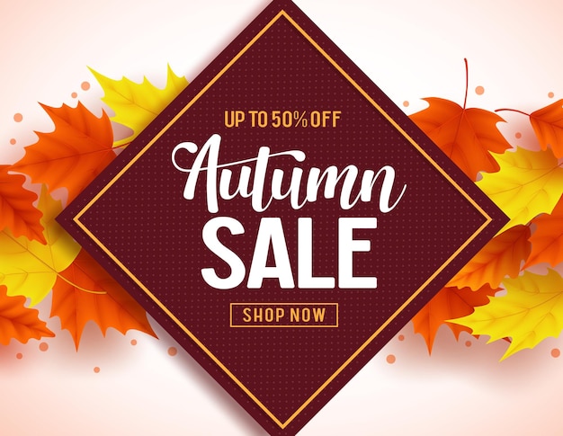 Fondo de banner de vector de venta de otoño con elementos de hojas de arce colorido y texto de descuento de venta