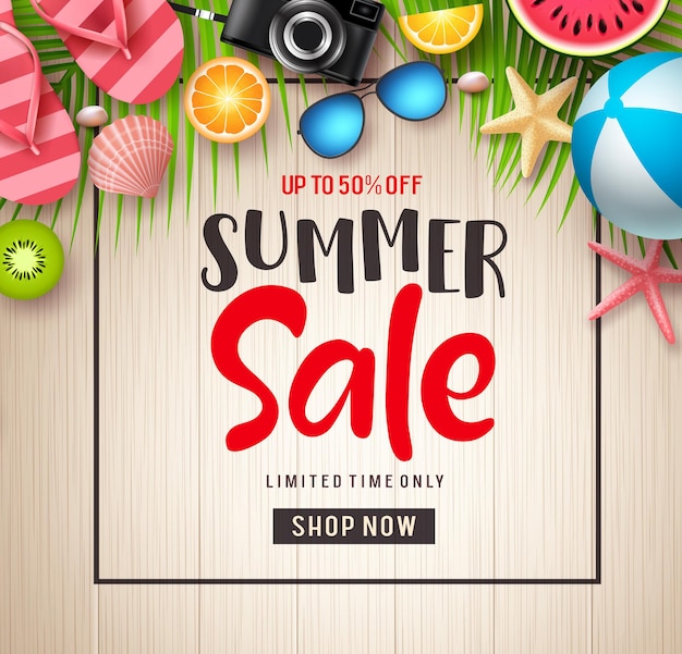 Fondo de banner de vector de venta de verano Texto de descuento de venta de verano en un espacio vacío con elementos de playa