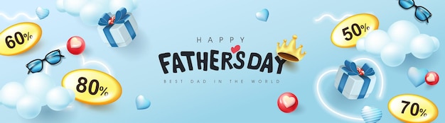 Fondo de banner de venta del día del padre con caligrafía del día del padre y artículo de regalo para papá
