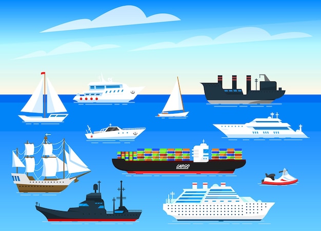 Vector fondo de barcos marinos conjunto de veleros y barcos de carga navegando en aguas azules transporte de marineros para viajes mundiales afiche de verano o pancarta para un sitio web ilustración vectorial en estilo de dibujos animados