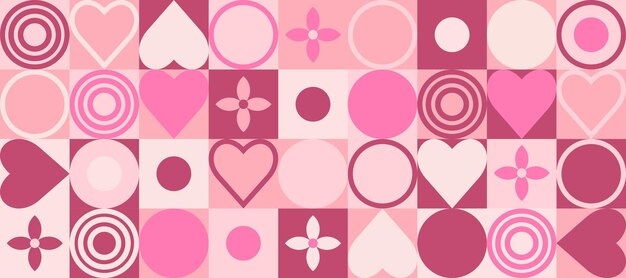 Vector fondo de bauhaus de patrón geométrico, vector, fondo abstracto con corazones, círculos, flores, bodas, día de san valentín, fondo de bauhaus rosado y de moda