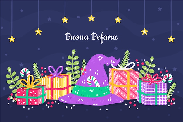 Vector fondo befana plano dibujado a mano