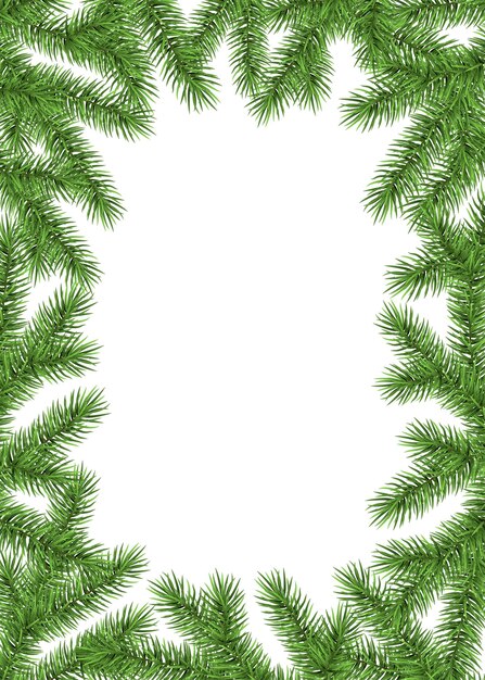 Fondo blanco de año nuevo con rama de abeto. Marco de abeto verde. Árbol de Navidad realista. Plantilla de vectores para tarjetas, pancartas, volantes, carteles de fiesta de Navidad.