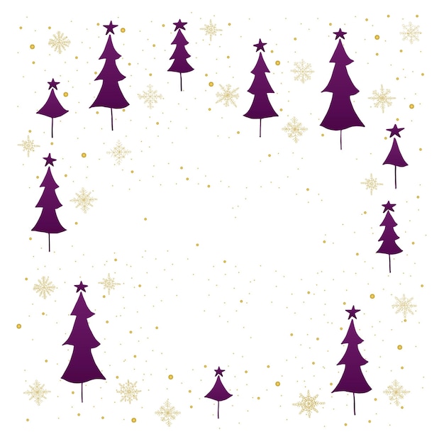 Vector fondo blanco con árbol de navidad de terciopelo violeta y copos de nieve dorados