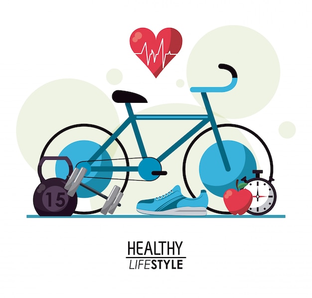 Fondo blanco con burbujas y elementos deporte estilo de vida saludable