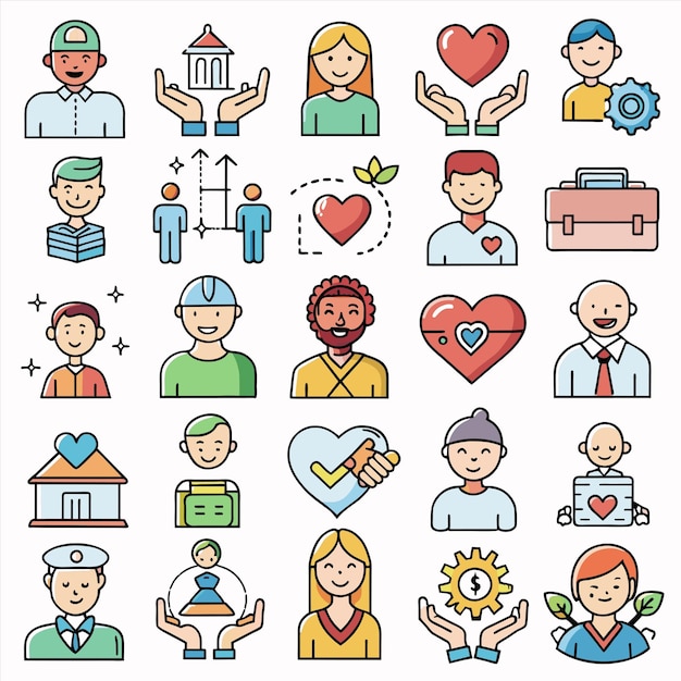 un fondo blanco con un corazón y iconos de personas