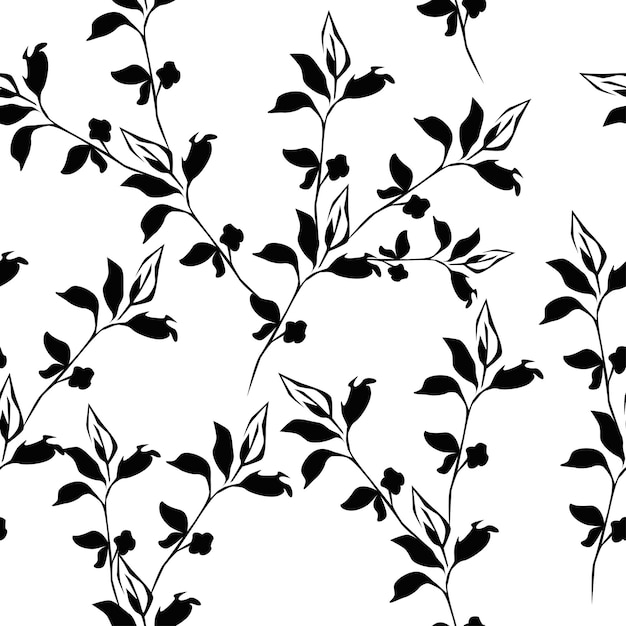 un fondo blanco con flores negras y hojas en él