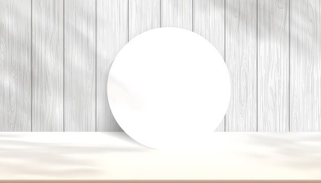 Fondo blanco minimalista con círculo y textura de madera para la exhibición de productos