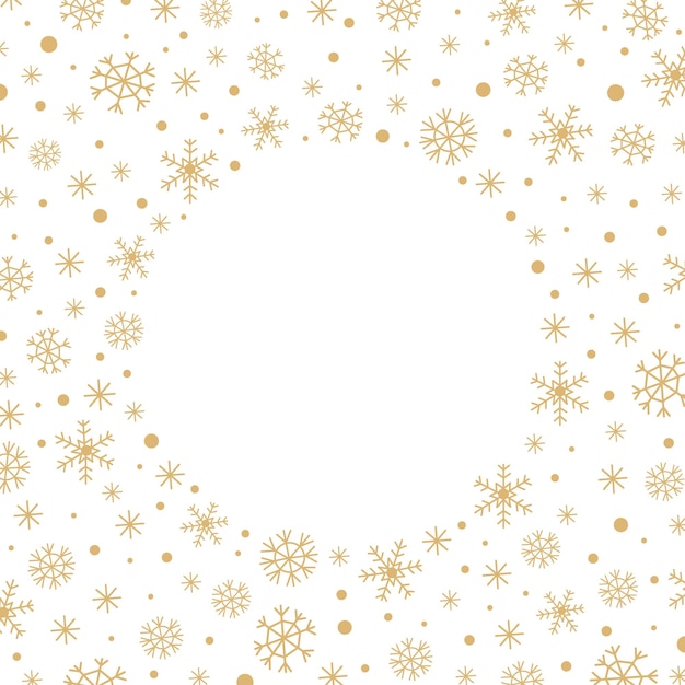 Fondo blanco de Navidad abstracto con un marco redondo de copos de nieve dorados y copyspace