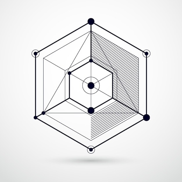 Fondo blanco y negro abstracto isométrico con formas de cubo dimensional lineal, elementos de malla 3d vectorial. Diseño de cubos, hexágonos, cuadrados, rectángulos y diferentes elementos abstractos.
