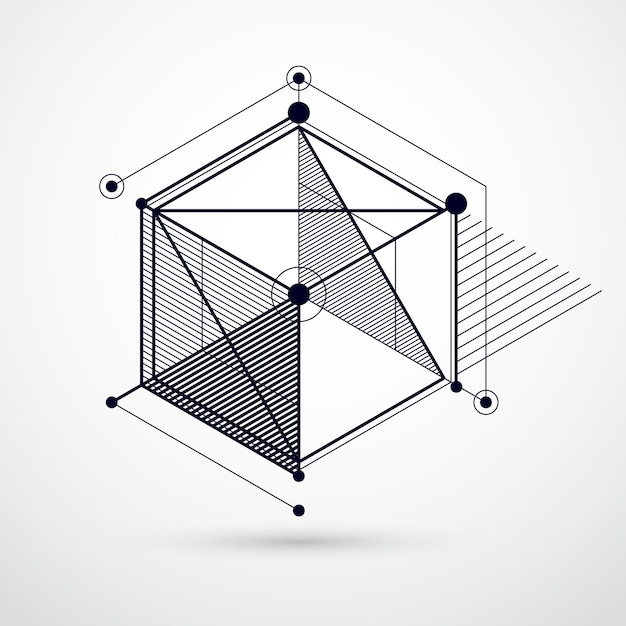 Fondo blanco y negro abstracto vectorial creado en estilo de líneas de malla isométrica. Esquema mecánico, dibujo de ingeniería vectorial con piezas de cubo y mecanismo. Fondo perfecto para tus diseños.