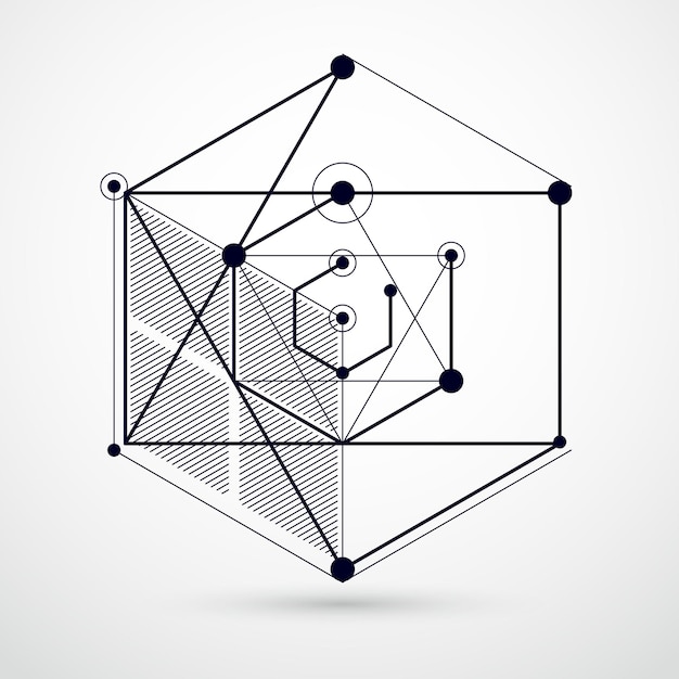 Fondo blanco y negro abstracto vectorial isométrico moderno con elemento geométrico. Diseño de cubos, hexágonos, cuadrados, rectángulos y diferentes elementos abstractos.