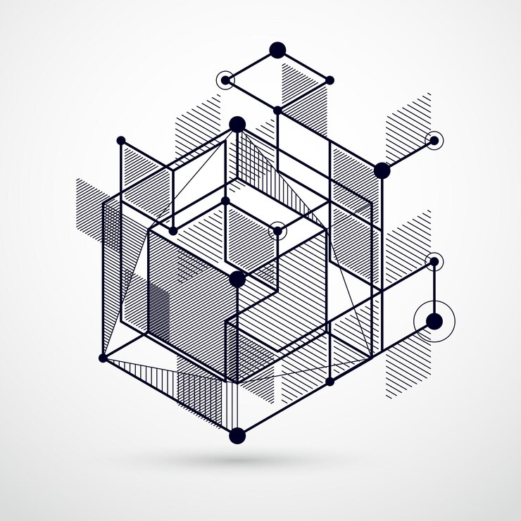 Vector fondo blanco y negro abstracto vectorial isométrico moderno con elemento geométrico. diseño de cubos, hexágonos, cuadrados, rectángulos y diferentes elementos abstractos.