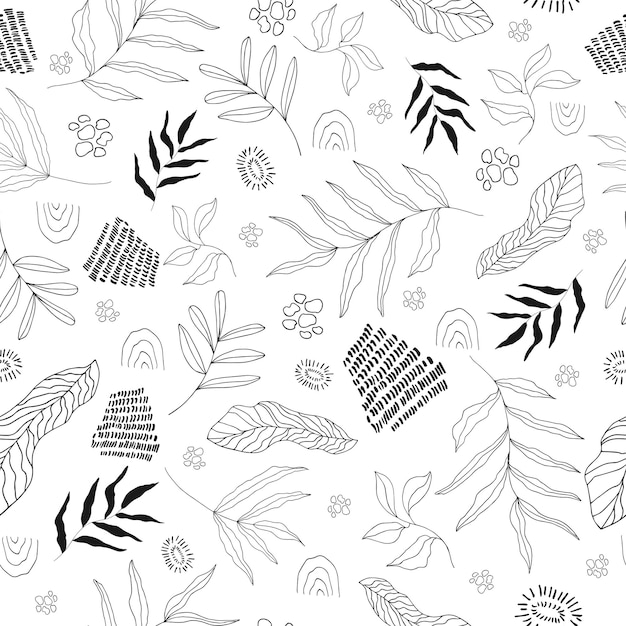 Fondo blanco y negro sin costuras con hojas de ramas de vegetación abstracta y elementos en un esquema de estilo lineal Vector