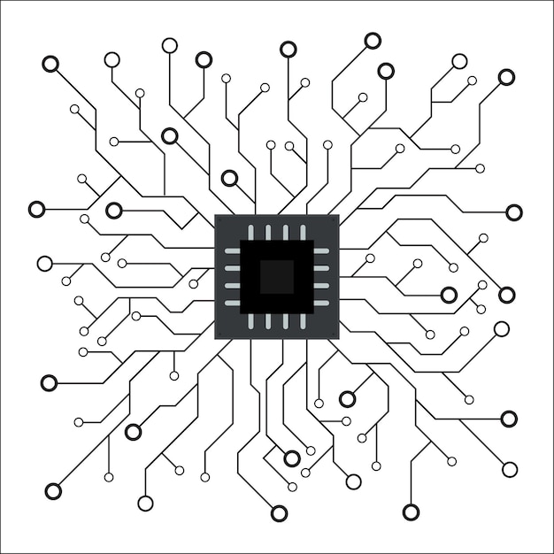 Vector fondo blanco y negro de inteligencia artificial. programación de máquinas y chip ai en computadora. tecnología moderna de la placa base del circuito. ilustración vectorial