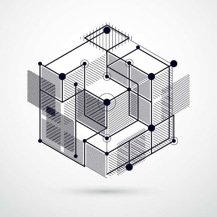 Vector fondo blanco y negro isométrico geométrico vectorial abstracto. esquema mecánico, dibujo de ingeniería vectorial con piezas de mecanismo geométrico y cubo.