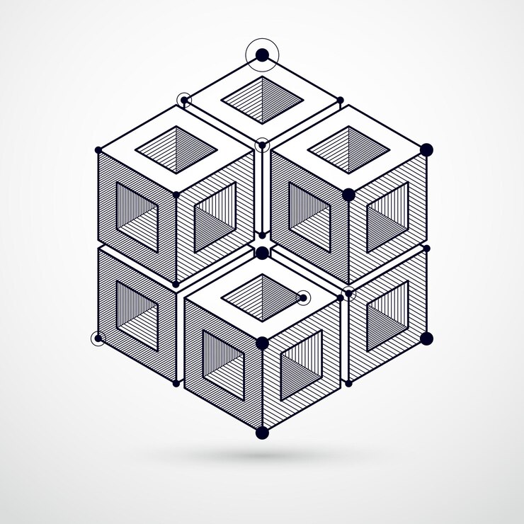 Vector fondo blanco y negro isométrico geométrico vectorial abstracto. esquema mecánico, dibujo de ingeniería vectorial con piezas de mecanismo geométrico y cubo.