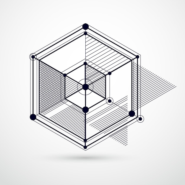Fondo blanco y negro isométrico geométrico vectorial abstracto. Esquema mecánico, dibujo de ingeniería vectorial con piezas de mecanismo geométrico y cubo.